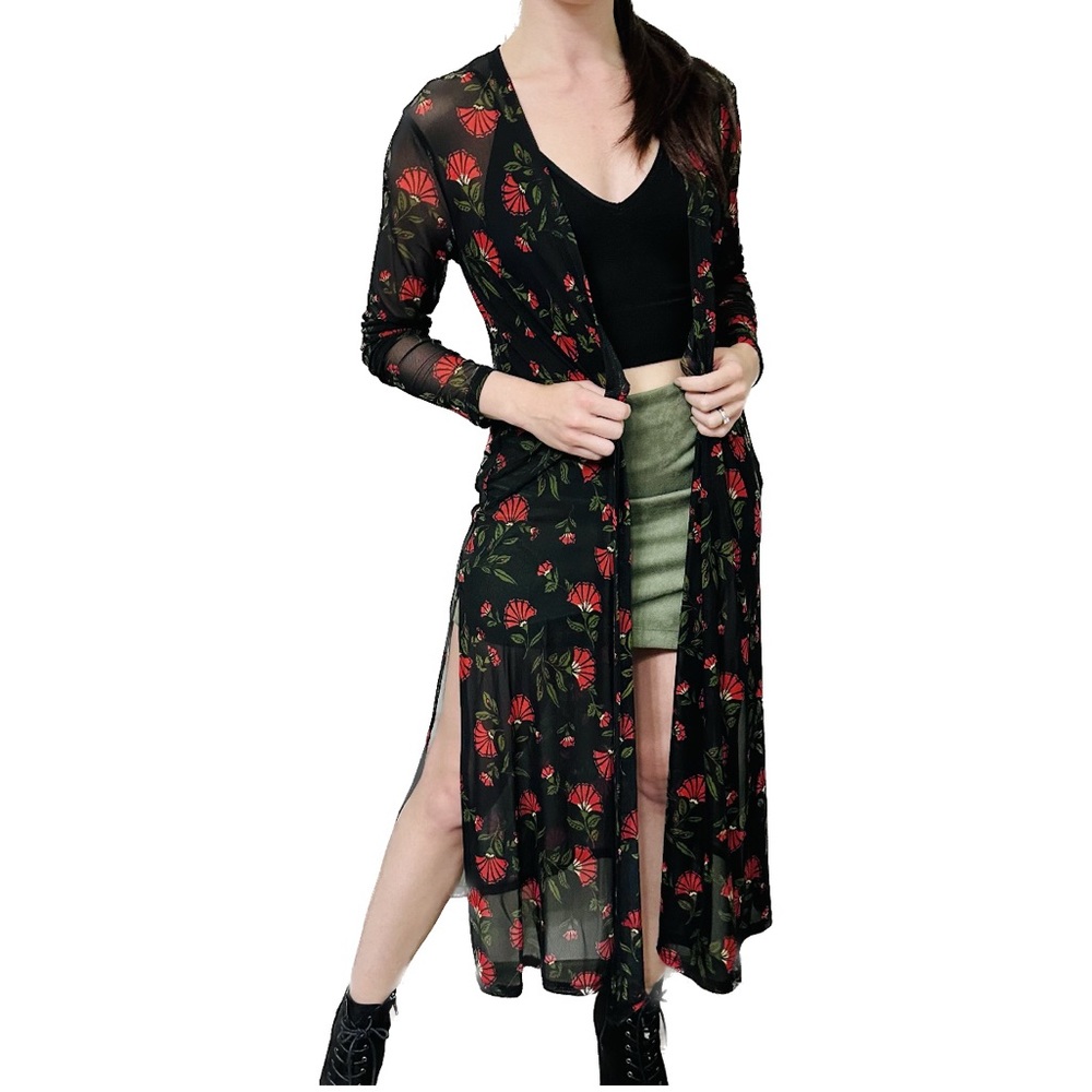 BRAND NEW Sheer Mesh Floral Long Open Cardigan